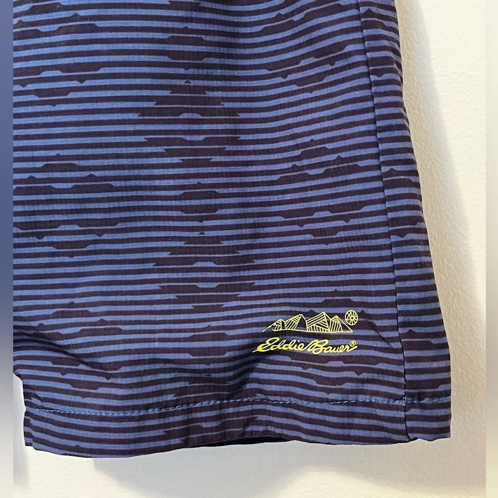 EDDIE BAUER Swim Trunks Mesh Lining Navy Striped Drawstring Pocket Bathing Suit